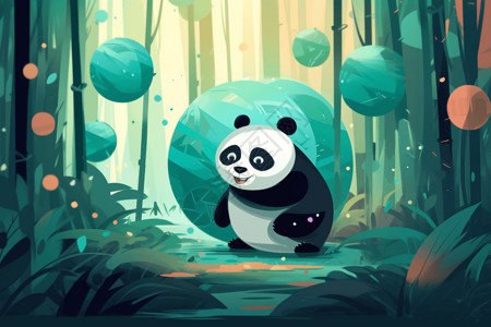 散步的熊猫竹林里的可爱熊猫插画