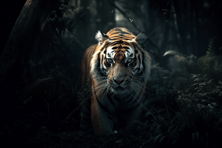 夜晚森林中的凶猛老虎图片