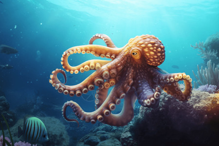 世界海洋日章鱼水下游泳的章鱼背景