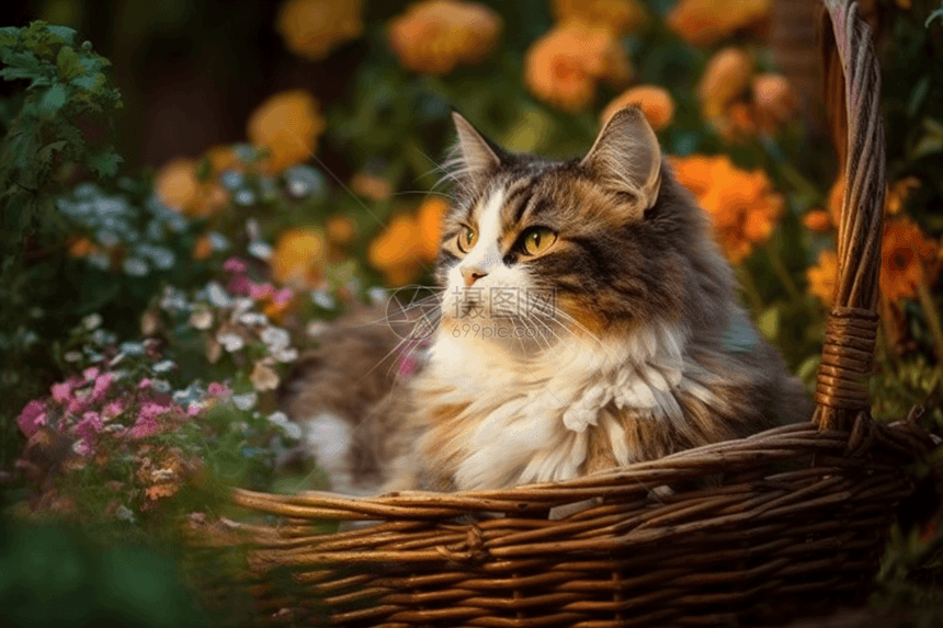被鲜花包围的猫咪图片