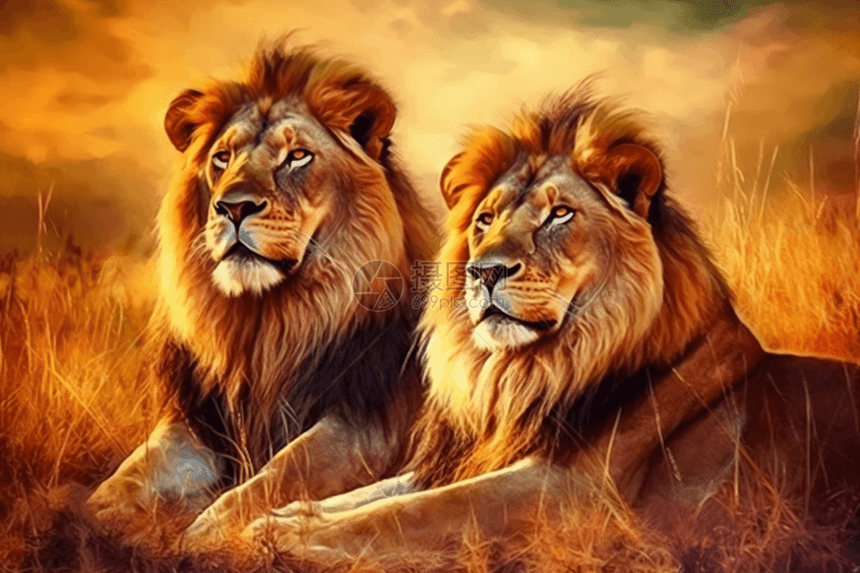 草原落日时的狮子图片