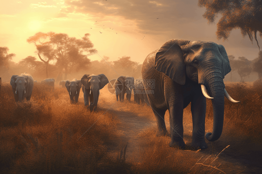 草地上行走的大象图片