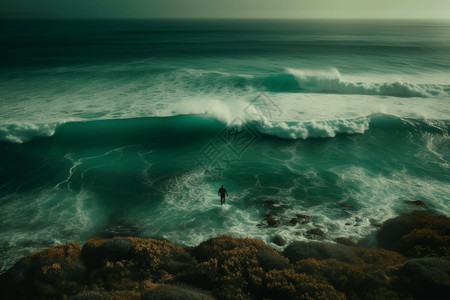 勇敢的冲浪者划过绿色海洋背景图片