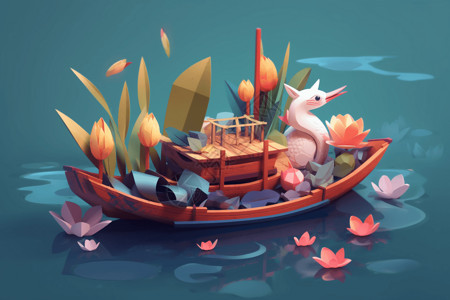 池塘中的小船背景图片