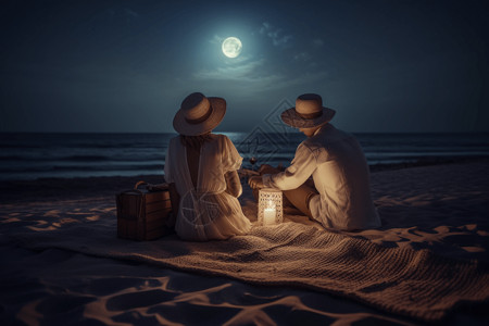 海滩在晚上恋人在海滩背景