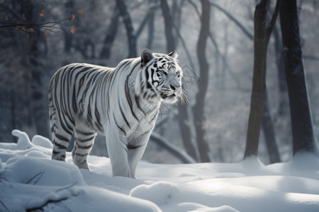 黑白老虎素材白雪风景中的白虎背景