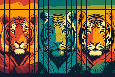 笼子里的动物笼子里的老虎插画