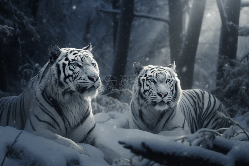 白雪森林中的白虎图片