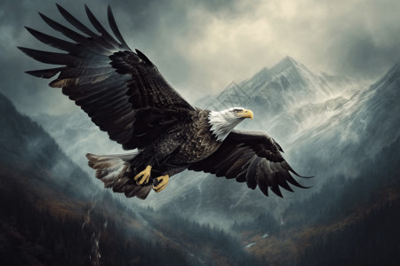 山脉间飞行的老鹰背景图片