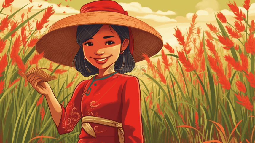 稻田里的红衣女孩图片