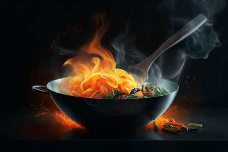 火焰上烹饪的食材图片