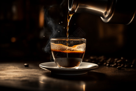 一小杯浓缩咖啡倒入小咖啡杯中图片