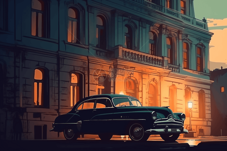 老式汽车停在黄昏的建筑旁边图片