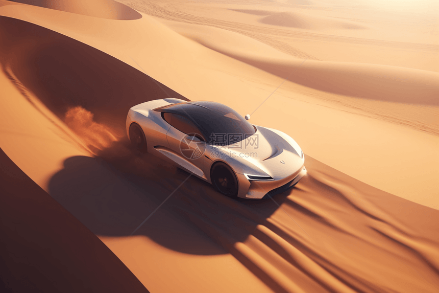 在沙漠中飞驰的电动跑车图片
