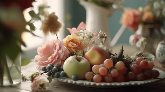 水果和鲜花:的特写高清图片