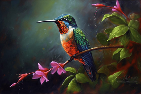 蜂鸟在树枝上的油画背景图片