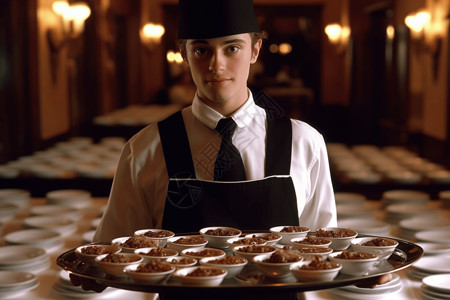 服务员端着巧克力慕斯蛋糕图片