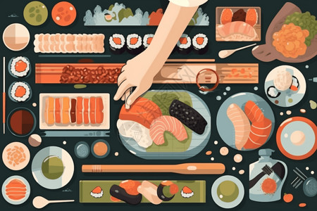 刺身日料海报鲜美的寿司卷插画