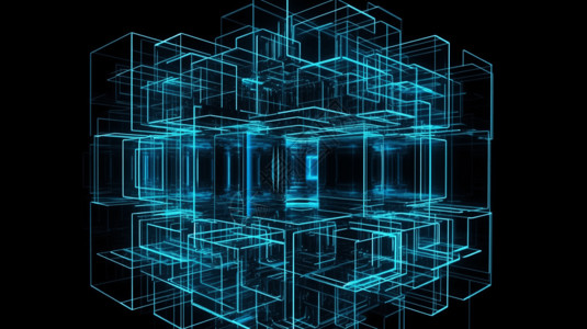 抽象蓝线立方体的3D插图背景图片