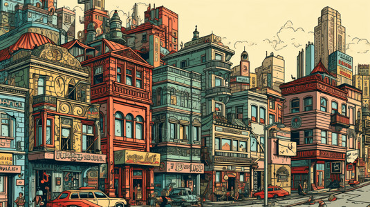 复古大都市彩色插图背景图片