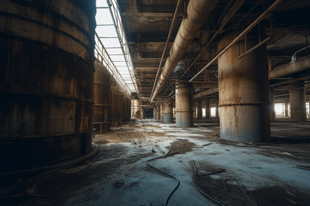 生锈管道荒凉的地下储气设施场景设计图片