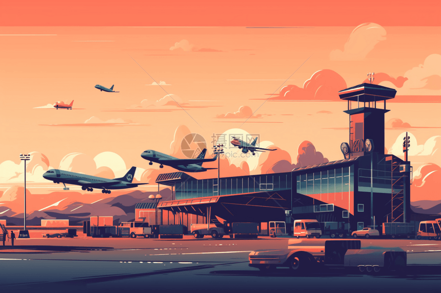 繁忙机场的创意插图图片