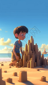 玩沙雕男孩3D卡通儿童海边插图插画