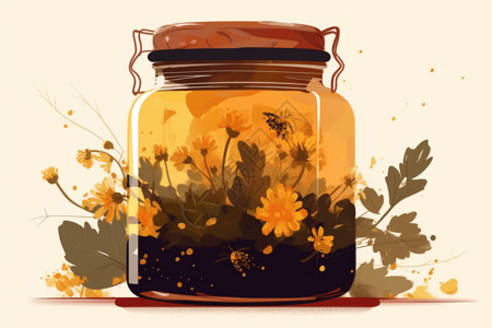 中医草药蜂蜜的创意插图图片