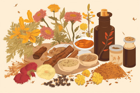 蜂蜜面膜素材中医草药美容的平面插图插画