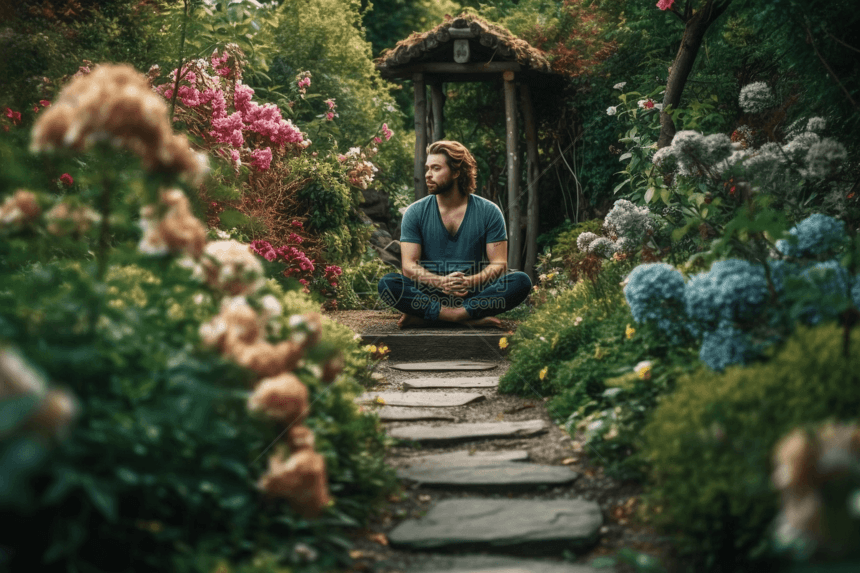 男子在花园放松图片