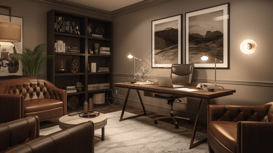 棕色书柜桌子家庭书房设计设计图片