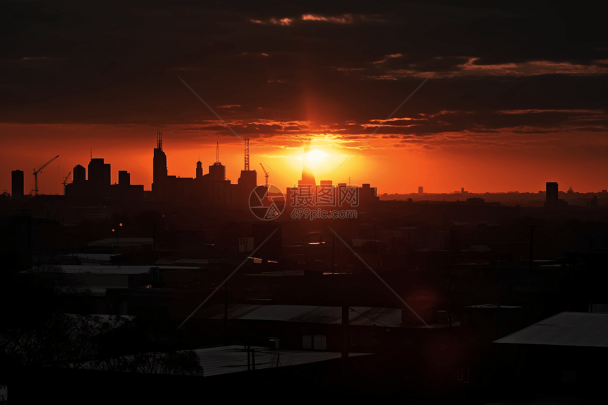 夕阳西下的城市天际线图片