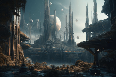 高耸的科幻城市背景图片