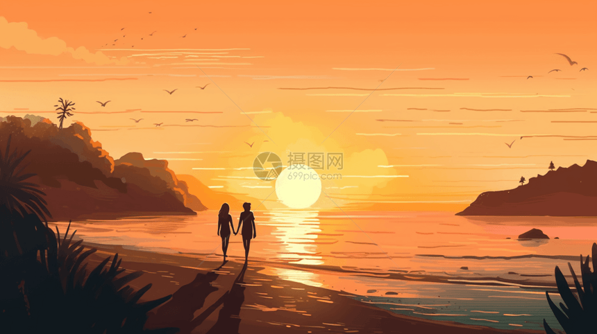日落时的情侣在海边漫步图片