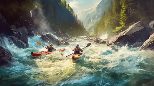 湍急的河流河中的皮划艇比赛插画
