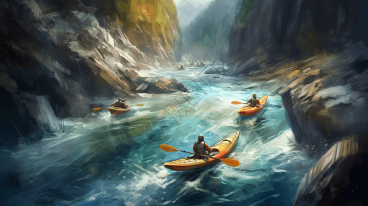湍急的河流河中冒险的皮划艇插画