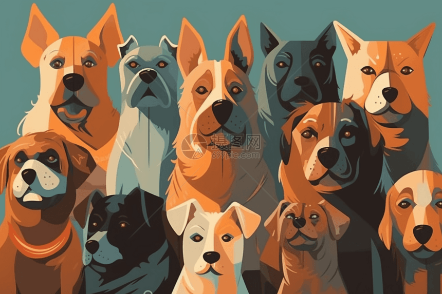 一群忠诚的狗的插画图片