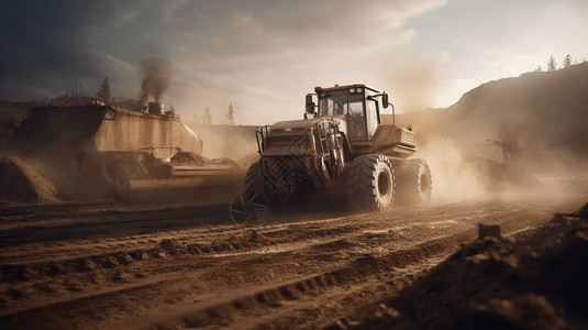 挖掘机运输重型机械在矿区工作场景设计图片