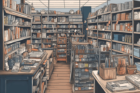 铅笔形书柜货架上摆满商品的文具店插画