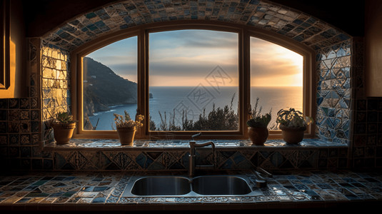 地中海风格厨房窗户背景图片