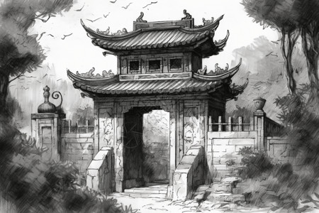 寺庙山门水墨画背景图片