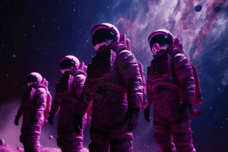一群宇航员在紫色星云前背景图片