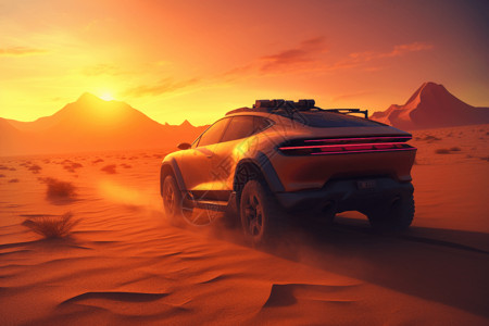 无人驾驶科技黄昏下汽车行驶在沙漠中背景
