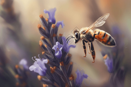 小蜜蜂采蜜停留在薰衣草前的小蜜蜂插画