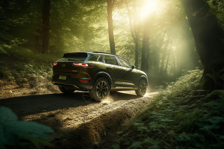 慢跑步道森林中行驶的SUV设计图片