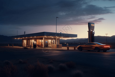 沙漠傍晚郊区的加油站设计图片