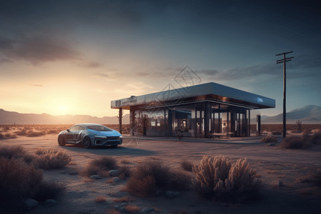 沙漠傍晚汽车驶过加油站设计图片