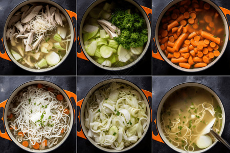 蔬菜面条六碗美味的面条设计图片