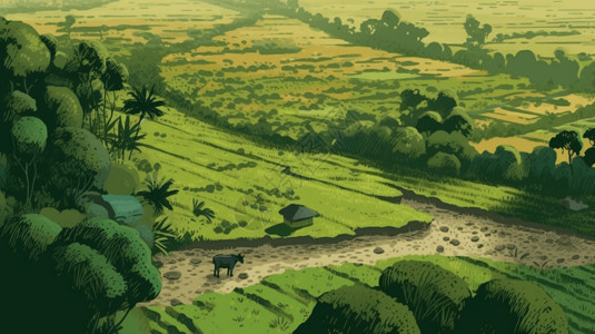 绿色的稻田上的水牛图片