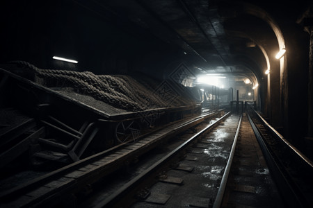 黑暗的矿洞铁路运输背景图片